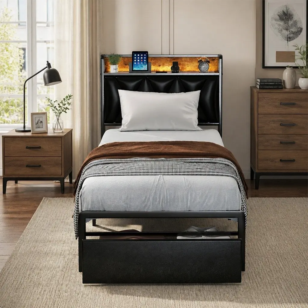 Single Bed Frame with LED Headboard Storage Drawers Metal Slatted Base