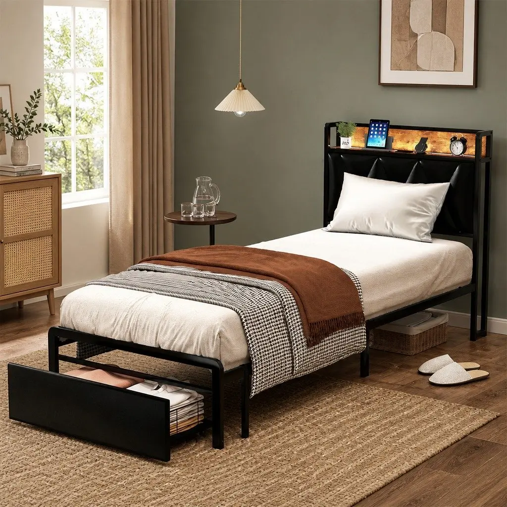 Single Bed Frame with LED Headboard Storage Drawers Metal Slatted Base