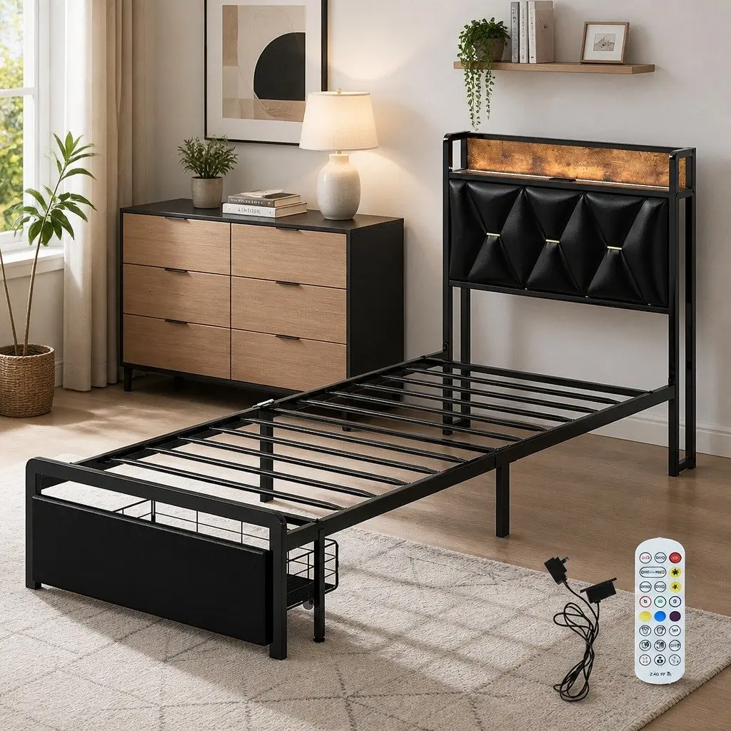 Single Bed Frame with LED Headboard Storage Drawers Metal Slatted Base