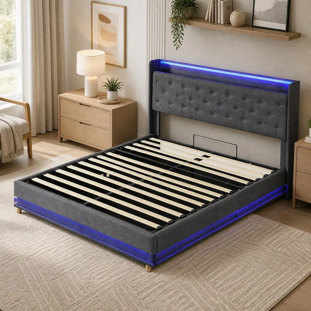 Double Bed Frame with Gas Lift Storage, LED Light Headboard and USB Charging
