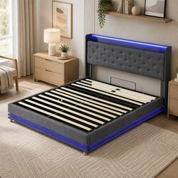 Double Bed Frame with Gas Lift Storage, LED Light Headboard and USB Charging