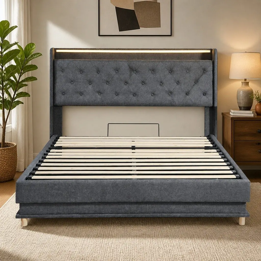 Double Bed Frame with Gas Lift Storage, LED Light Headboard and USB Charging