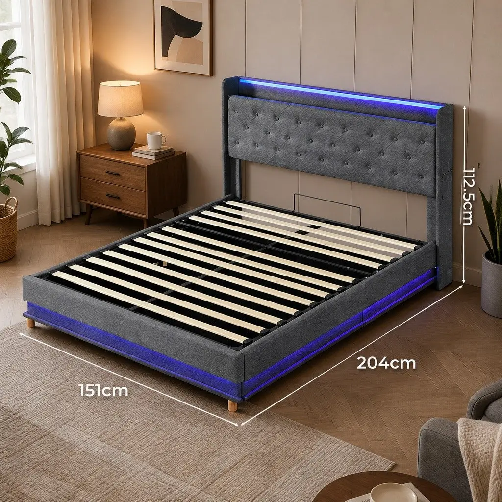Double Bed Frame with Gas Lift Storage, LED Light Headboard and USB Charging