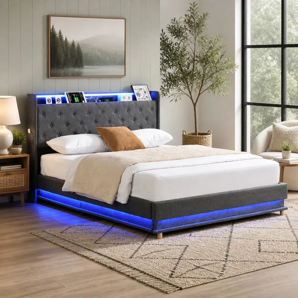 Double Bed Frame with Gas Lift Storage, LED Light Headboard and USB Charging
