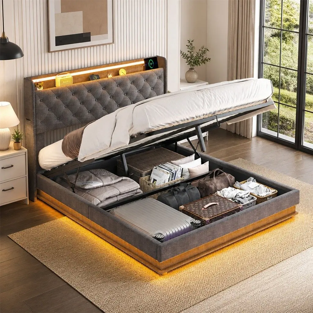 Double Bed Frame with Gas Lift Storage, LED Light Headboard and USB Charging