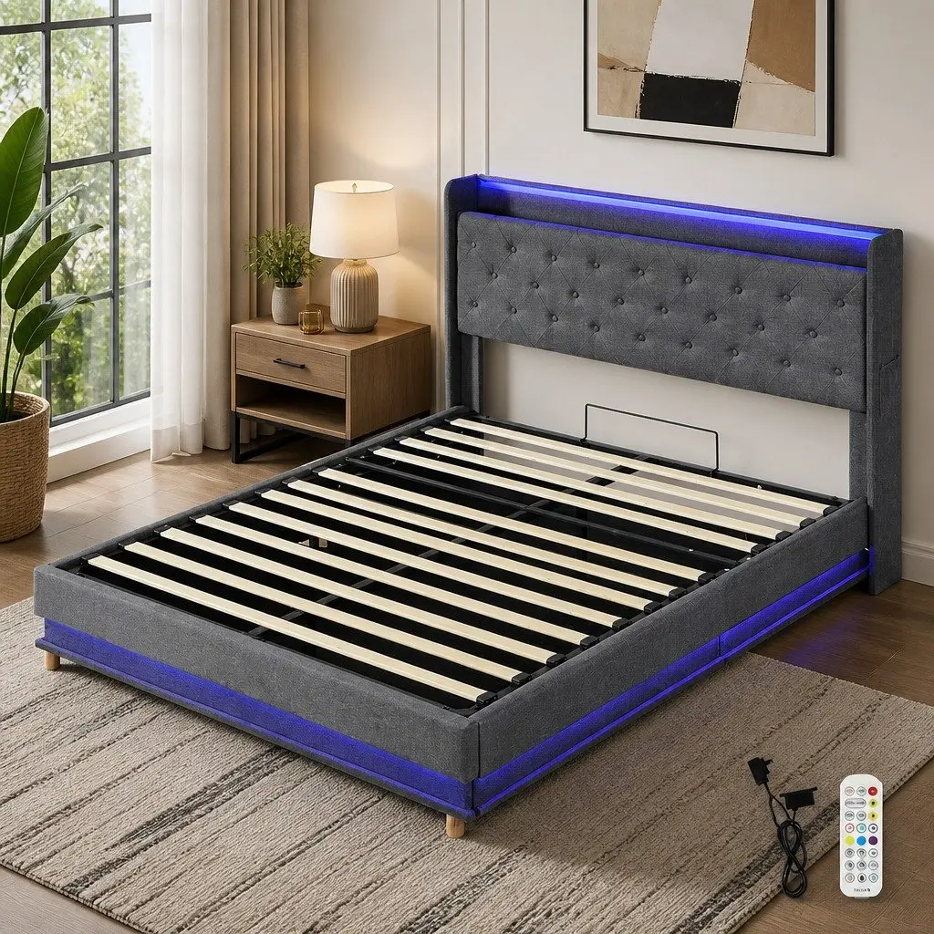 Double Bed Frame with Gas Lift Storage, LED Light Headboard and USB Charging