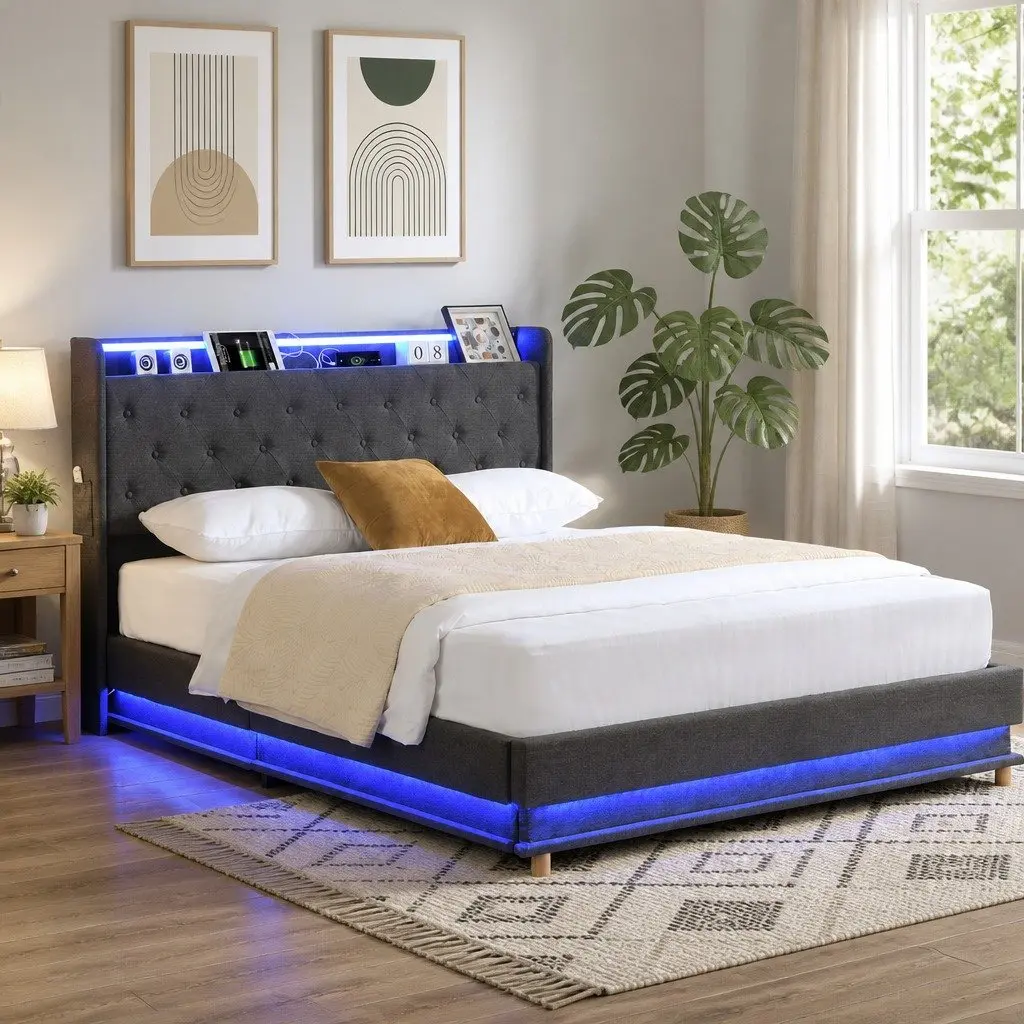King Bed Frame with Gas Lift Storage LED Light USB Charging Headboard