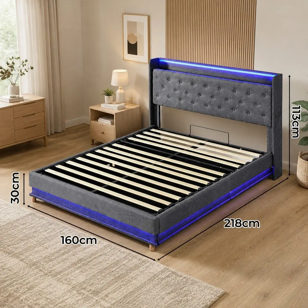 Queen Bed Frame Gas Lift Storage LED Headboard USB Charging Linen Upholstered
