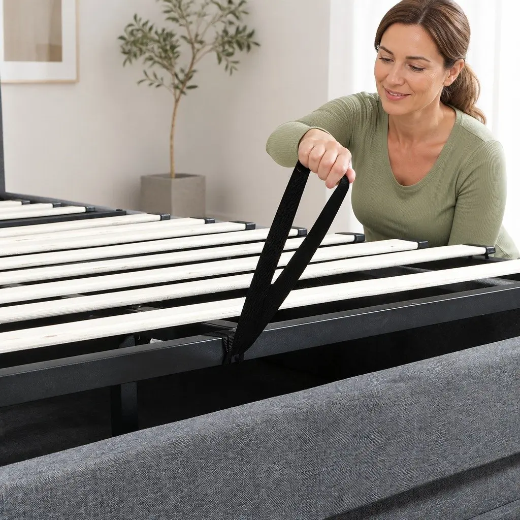 Queen Bed Frame Gas Lift Storage LED Headboard USB Charging Linen Upholstered