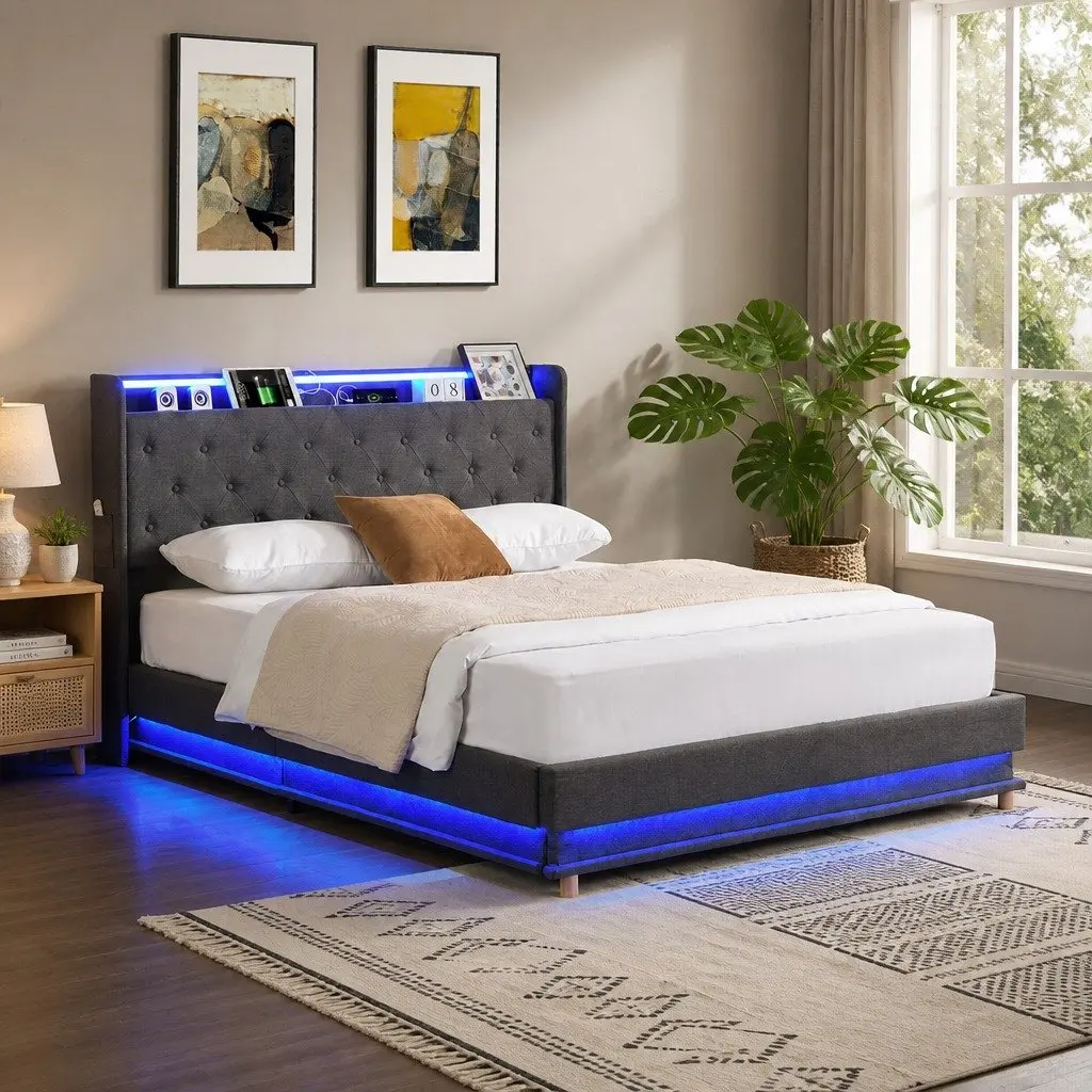 Queen Bed Frame Gas Lift Storage LED Headboard USB Charging Linen Upholstered