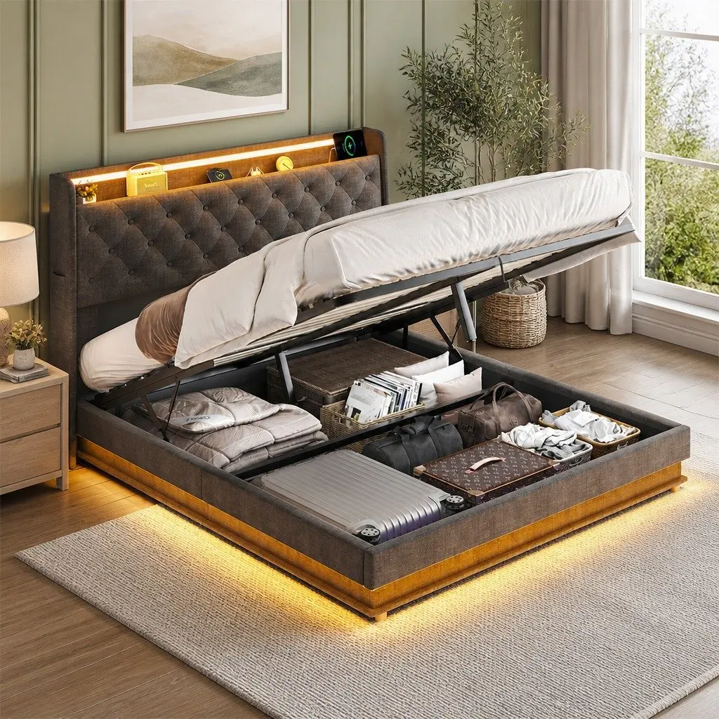 Queen Bed Frame Gas Lift Storage LED Headboard USB Charging Linen Upholstered