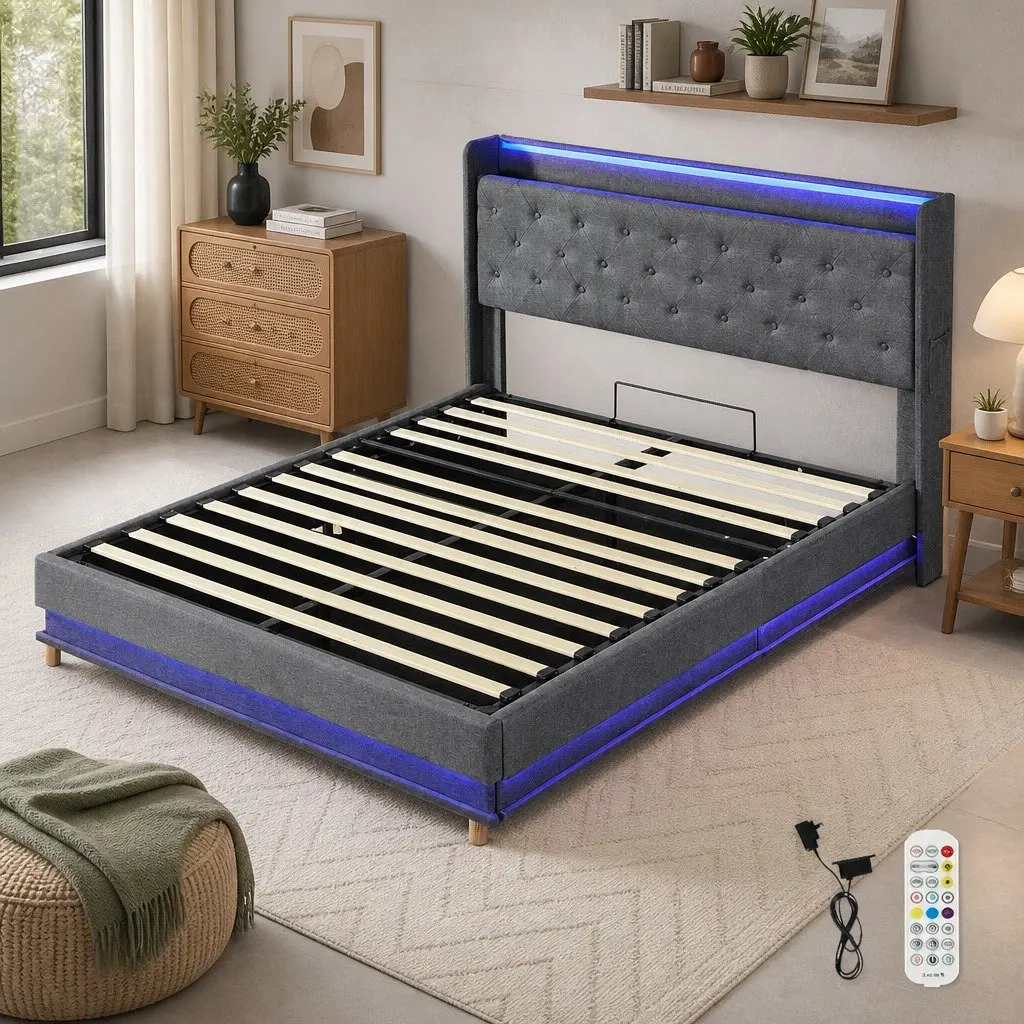 Queen Bed Frame Gas Lift Storage LED Headboard USB Charging Linen Upholstered