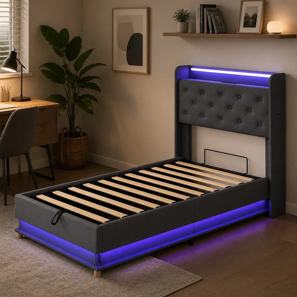 Single Bed Frame Gas Lift Storage Headboard RGB LED USB Charging Linen