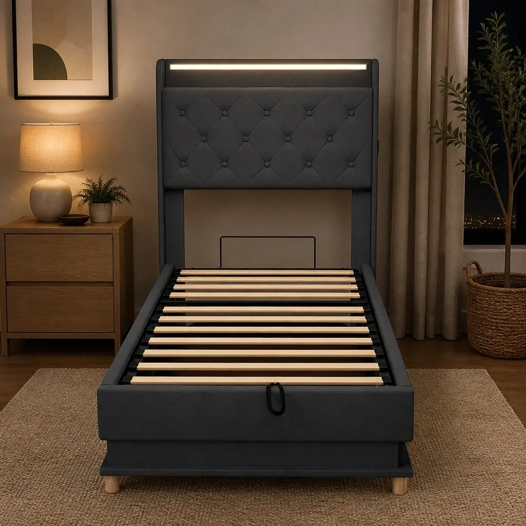 Single Bed Frame Gas Lift Storage Headboard RGB LED USB Charging Linen