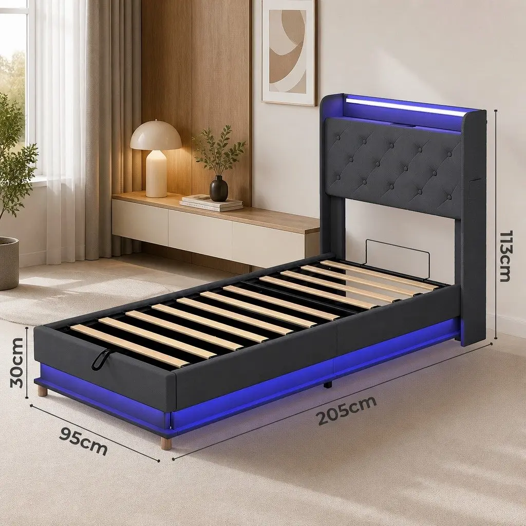 Single Bed Frame Gas Lift Storage Headboard RGB LED USB Charging Linen