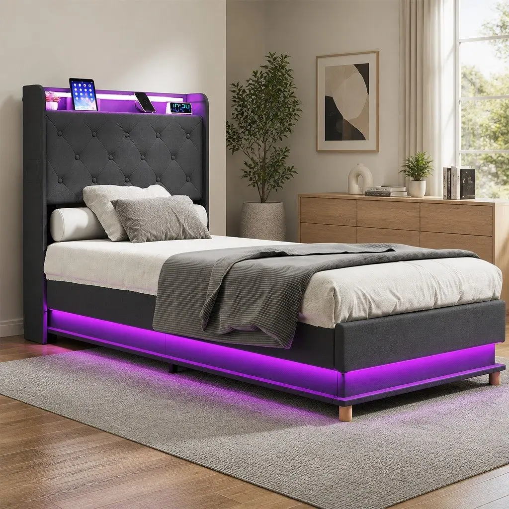 Single Bed Frame Gas Lift Storage Headboard RGB LED USB Charging Linen