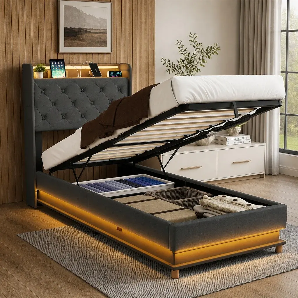 Single Bed Frame Gas Lift Storage Headboard RGB LED USB Charging Linen