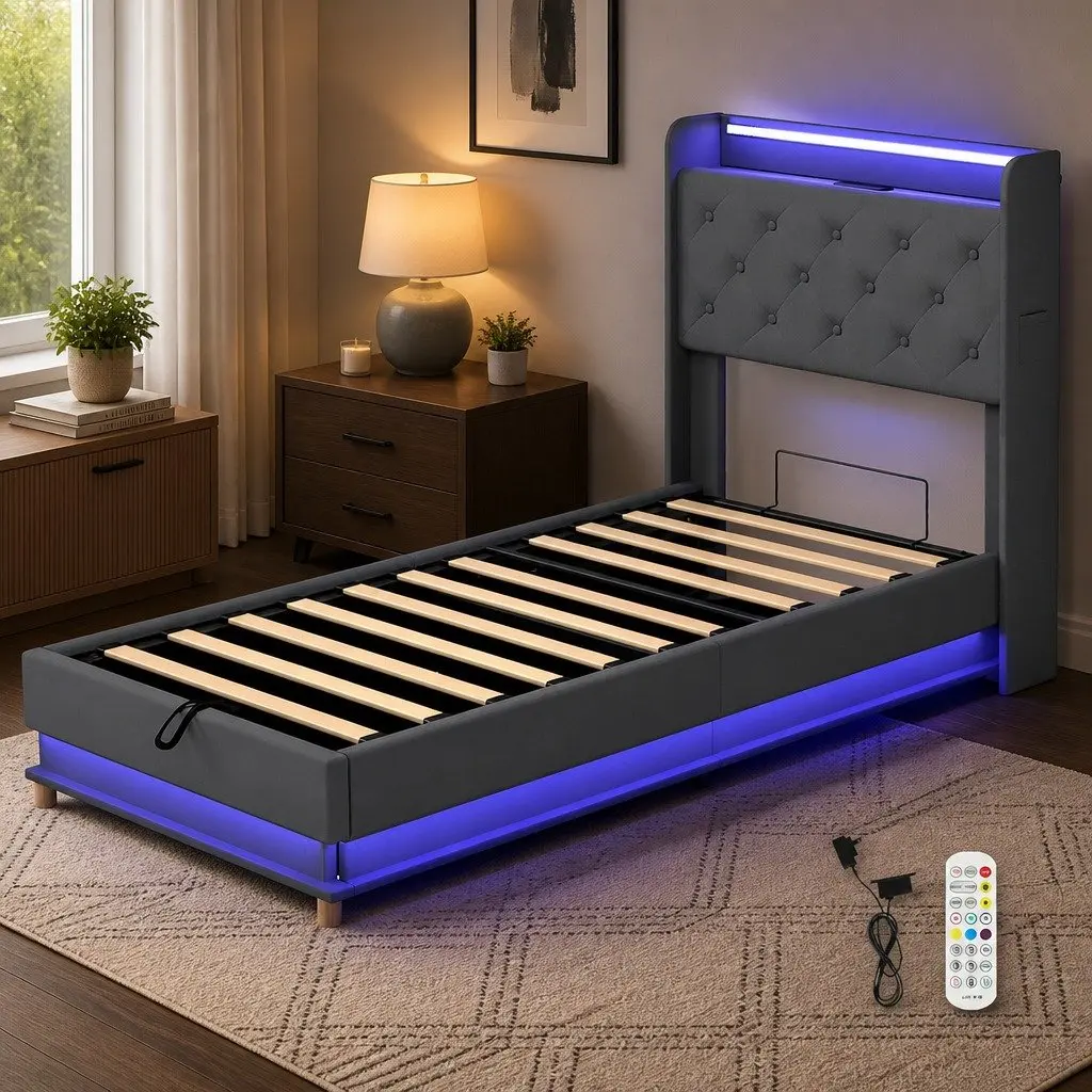 Single Bed Frame Gas Lift Storage Headboard RGB LED USB Charging Linen