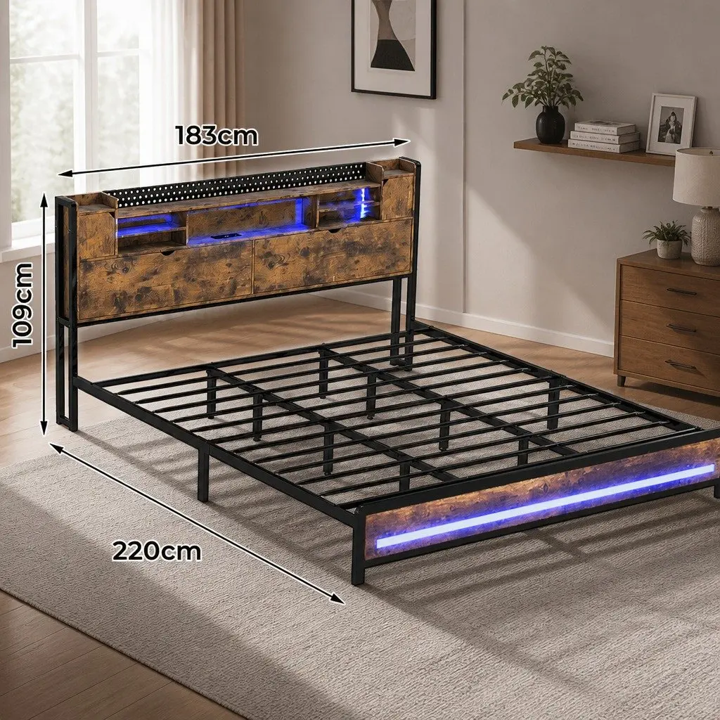 King Bed Frame Storage Headboard Industrial LED Lights Charging Station Metal
