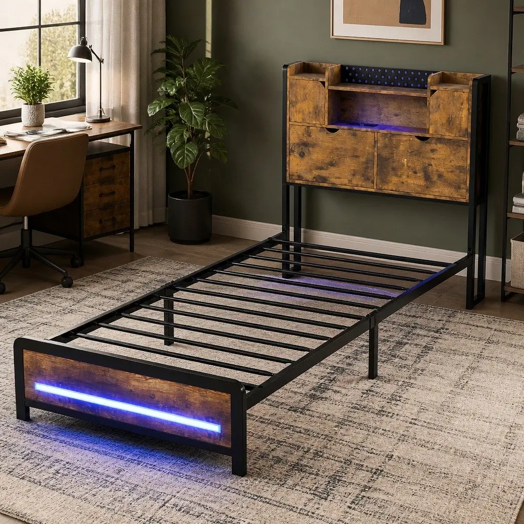 Single Bed Frame with Storage Headboard