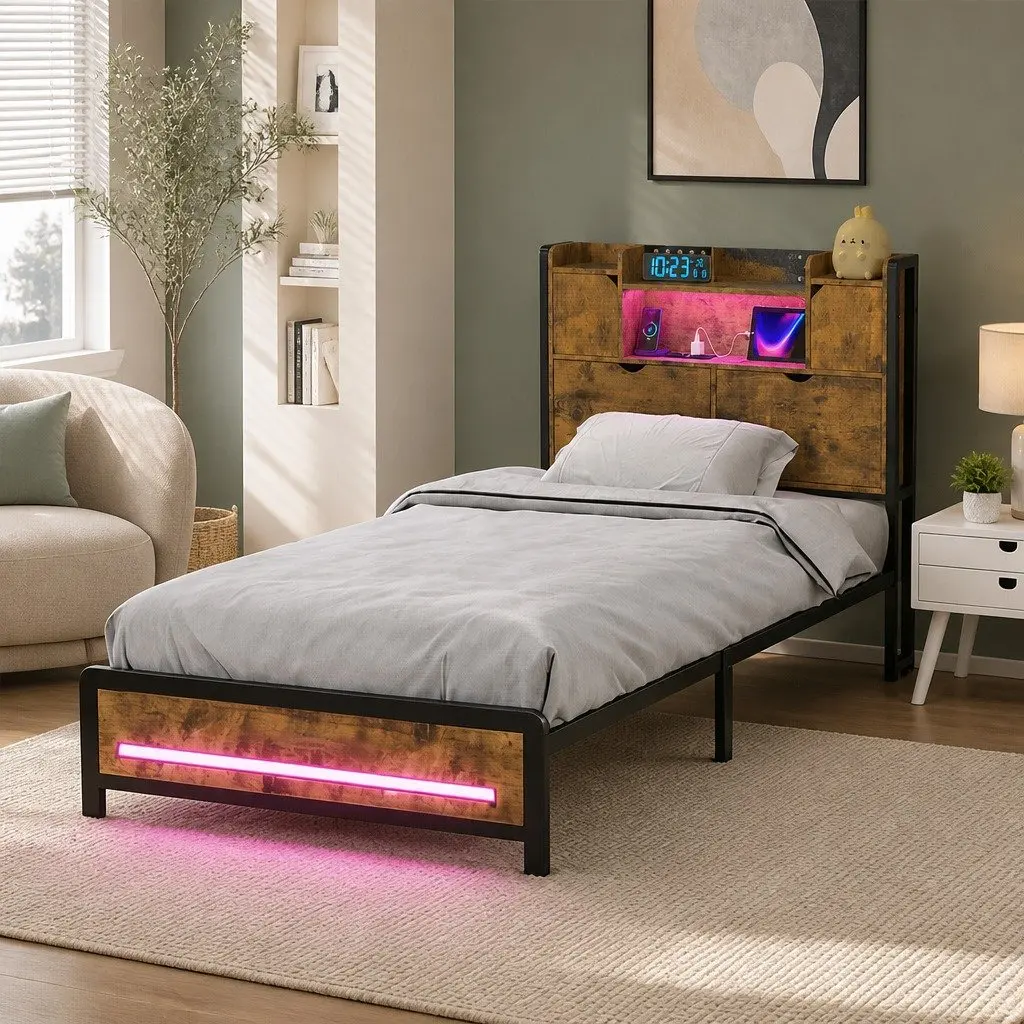 Single Bed Frame with Storage Headboard