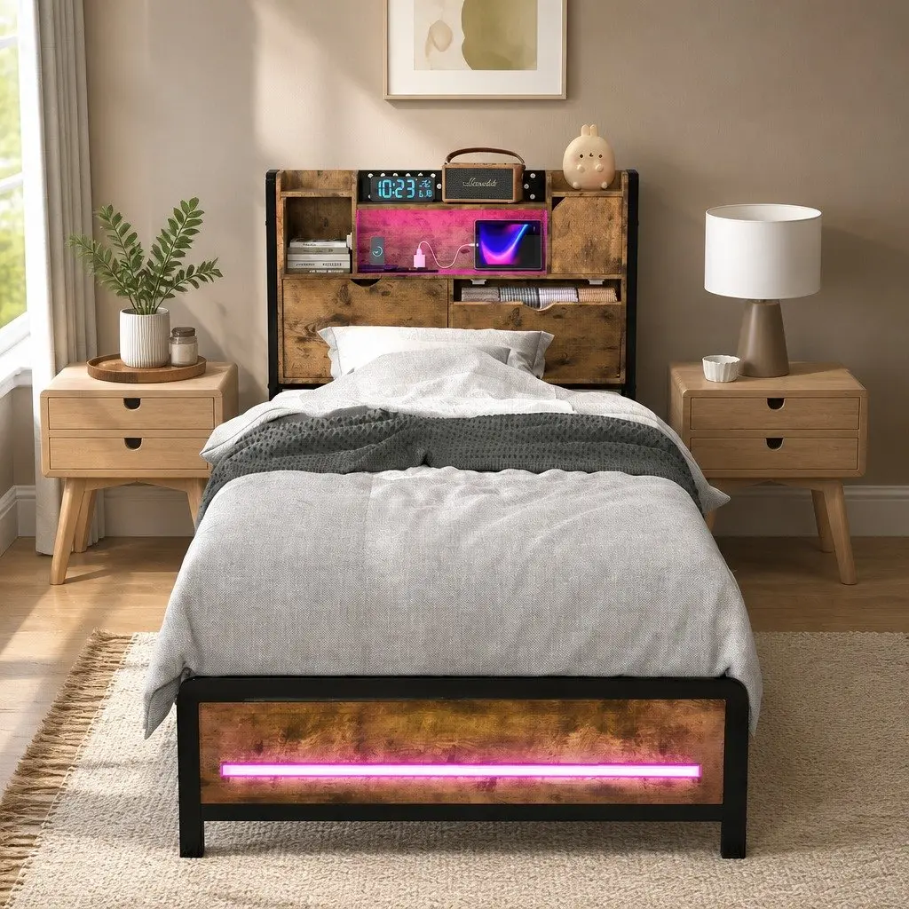 Single Bed Frame with Storage Headboard