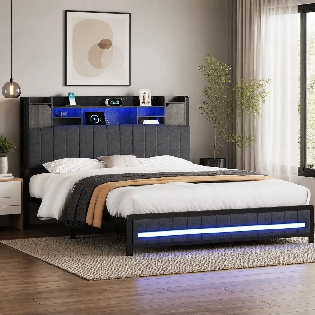 King Bed Frame with Storage Headboard RGB LED Lights Charging Station