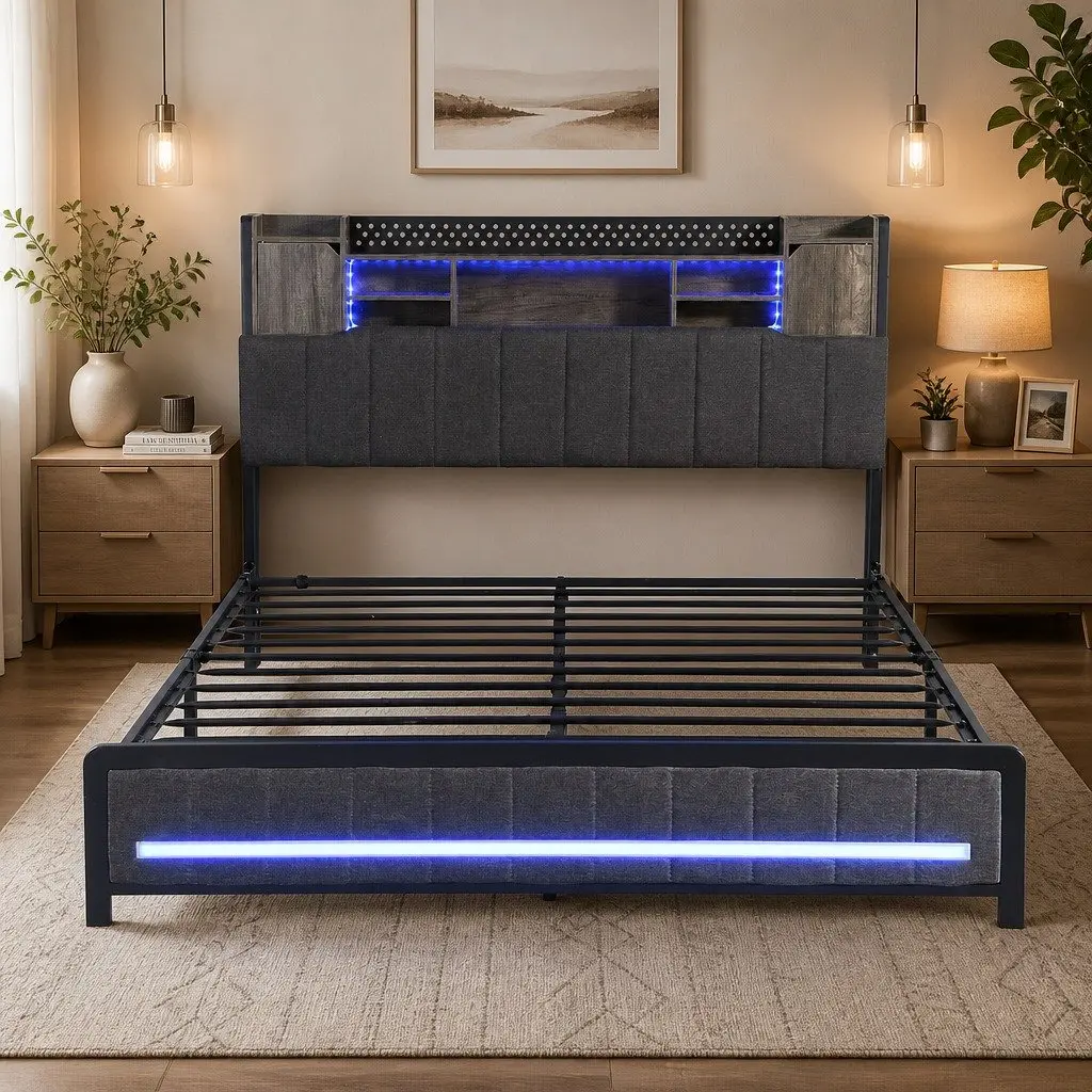 Queen Bed Frame with Storage Headboard RGB LED Charging Station Linen