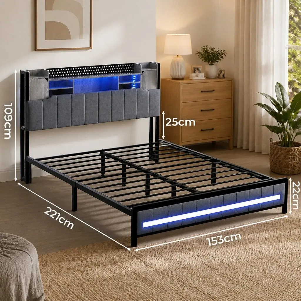 Queen Bed Frame with Storage Headboard RGB LED Charging Station Linen
