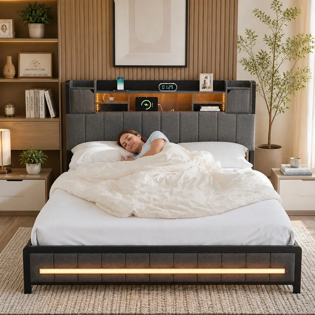 Queen Bed Frame with Storage Headboard RGB LED Charging Station Linen