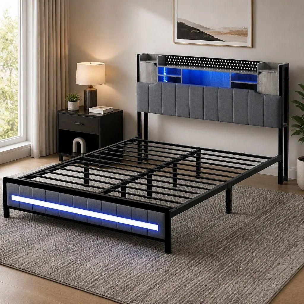 Queen Bed Frame with Storage Headboard RGB LED Charging Station Linen
