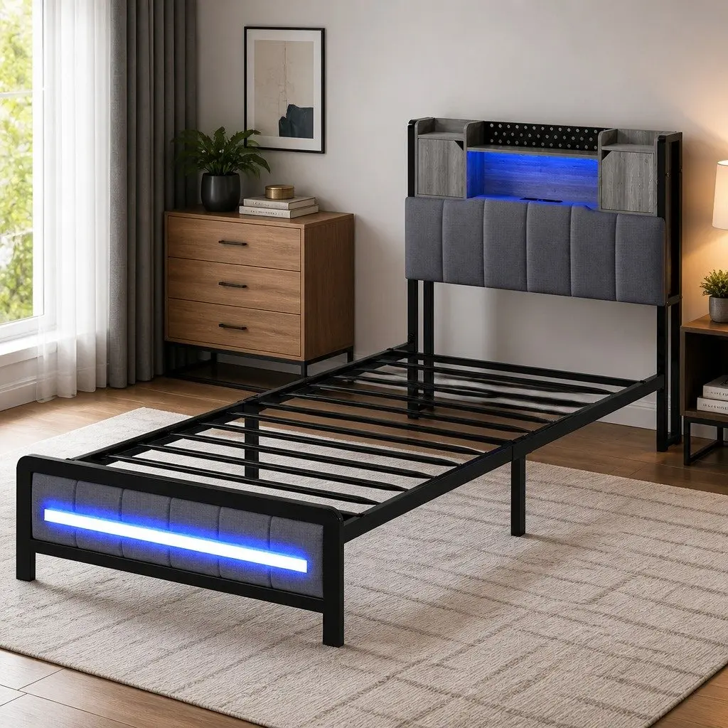 Single Bed Frame with Storage Headboard RGB LED Lights Charging Station