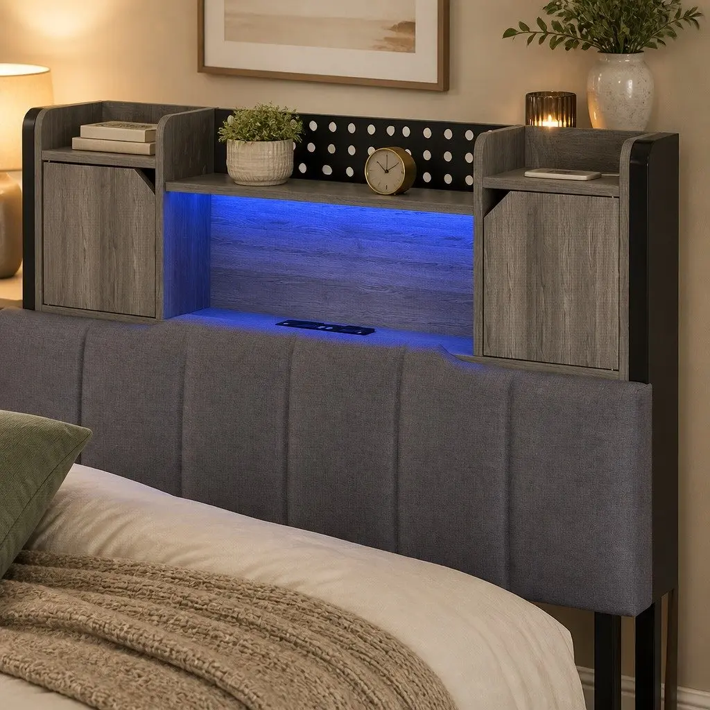 Single Bed Frame with Storage Headboard RGB LED Lights Charging Station