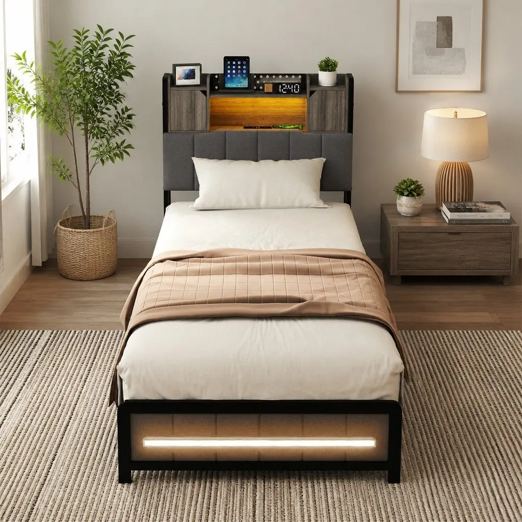 Single Bed Frame with Storage Headboard RGB LED Lights Charging Station