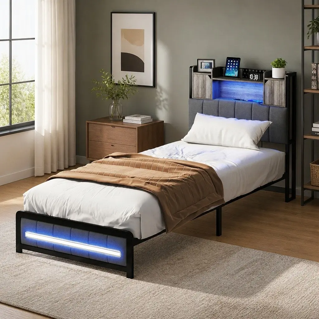 Single Bed Frame with Storage Headboard RGB LED Lights Charging Station