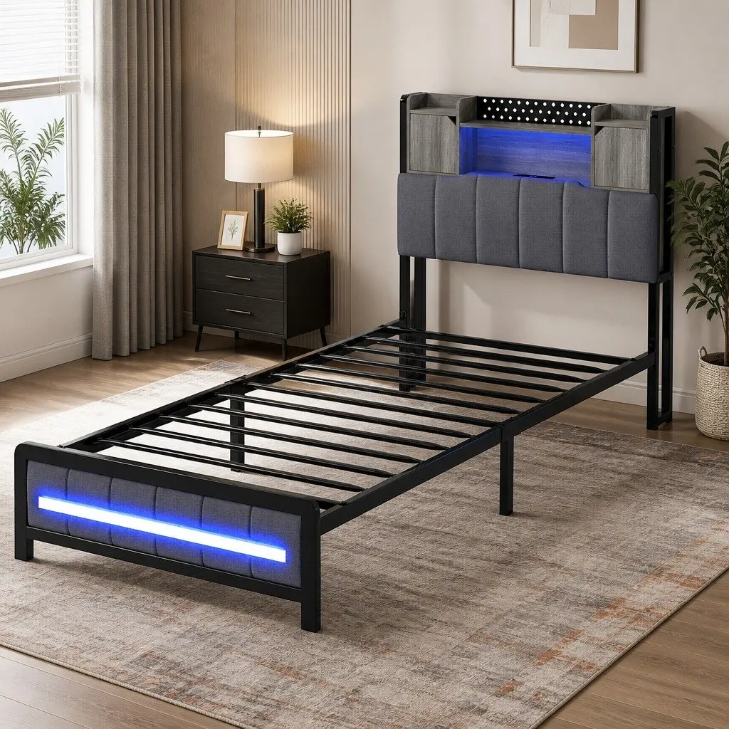 Single Bed Frame with Storage Headboard RGB LED Lights Charging Station