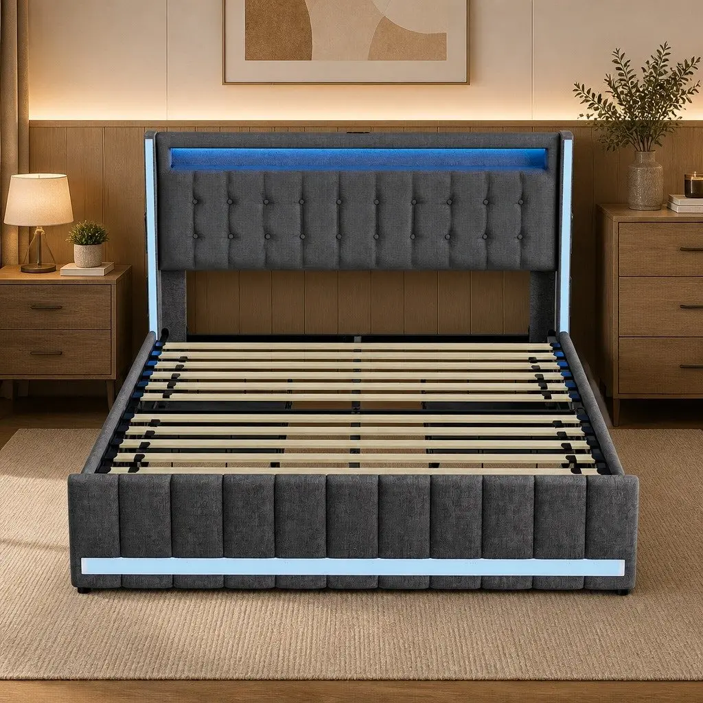 Double Bed Frame with Storage Drawers LED Lighting USB Ports Power Outlets