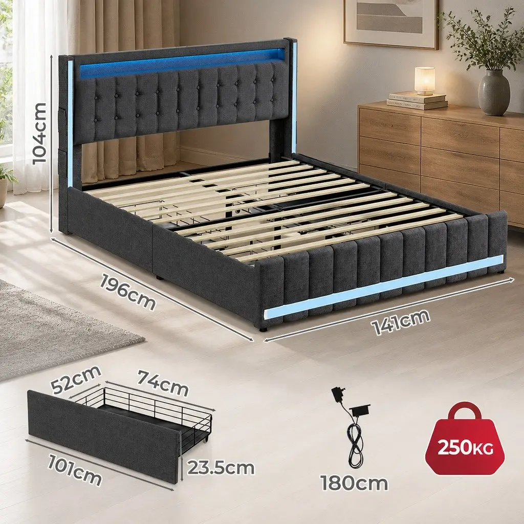 Double Bed Frame with Storage Drawers LED Lighting USB Ports Power Outlets