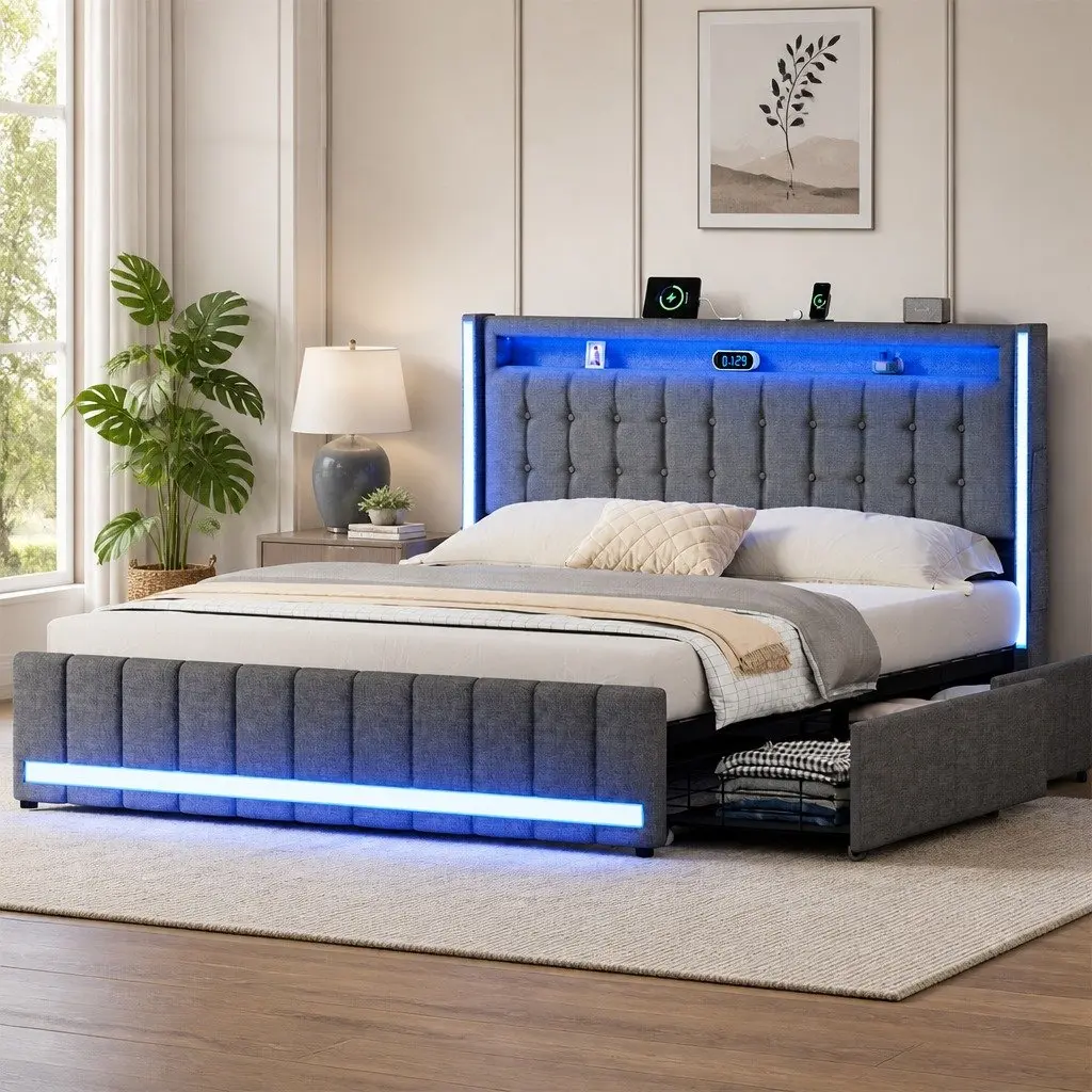 Double Bed Frame with Storage Drawers LED Lighting USB Ports Power Outlets