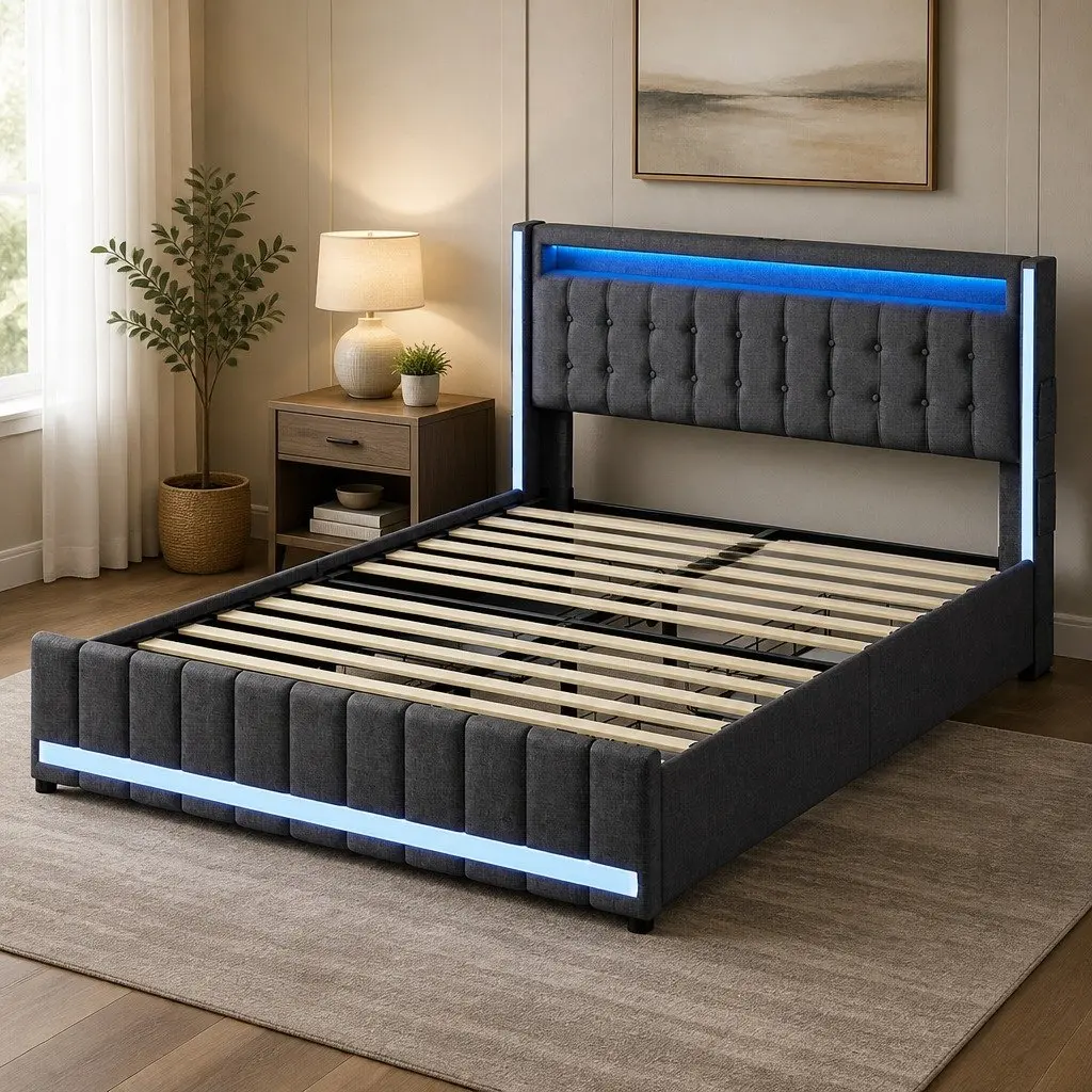 Double Bed Frame with Storage Drawers LED Lighting USB Ports Power Outlets