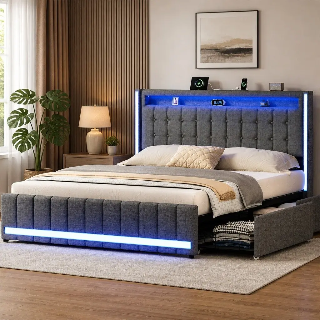 King Bed Frame Storage Drawers LED USB Charging Ports Headboard Linen Grey