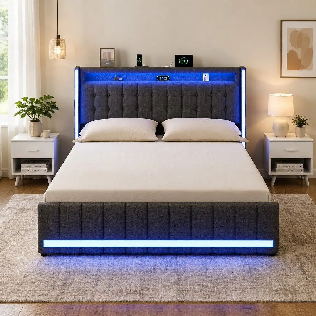 King Bed Frame Storage Drawers LED USB Charging Ports Headboard Linen Grey