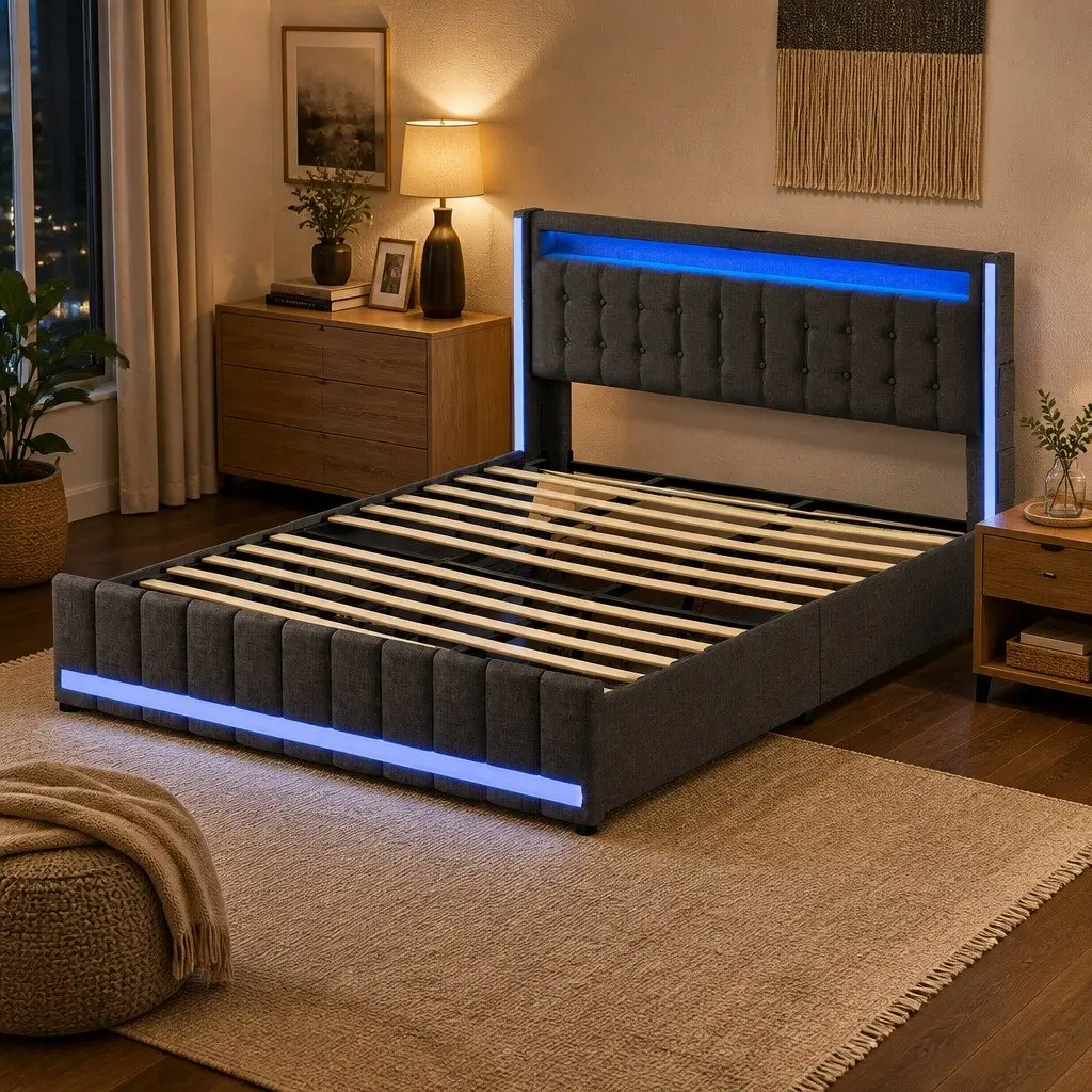 King Bed Frame Storage Drawers LED USB Charging Ports Headboard Linen Grey