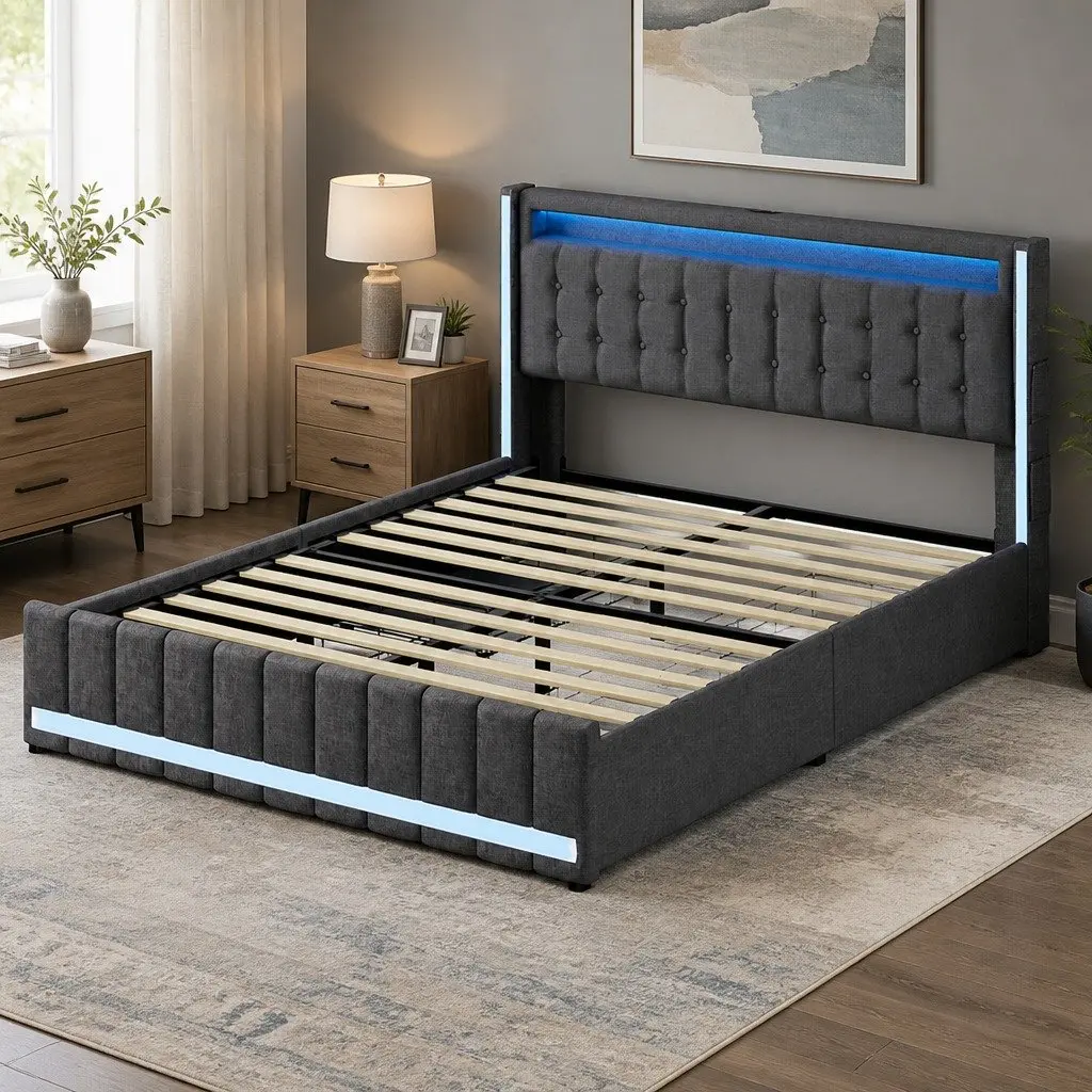 Queen Bed Frame with Storage Drawers for Bedroom Gray