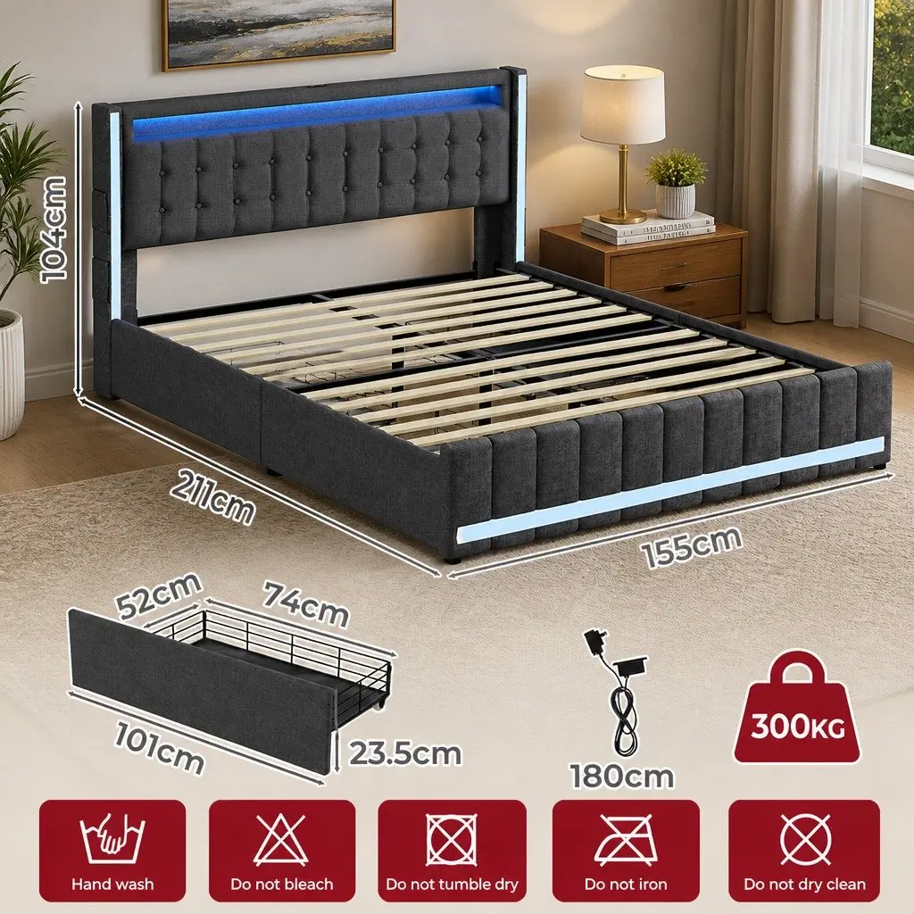 Queen Bed Frame with Storage Drawers for Bedroom Gray
