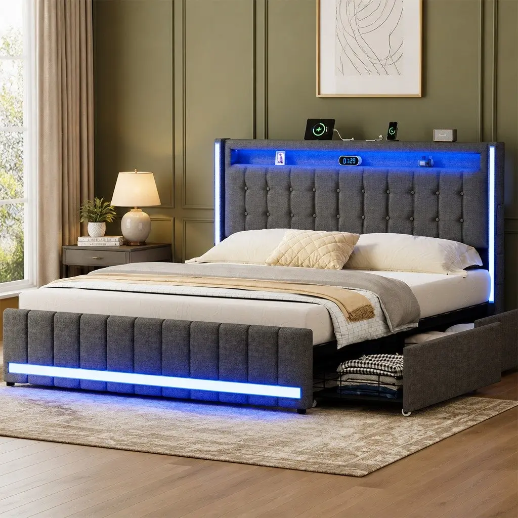 Queen Bed Frame with Storage Drawers for Bedroom Gray