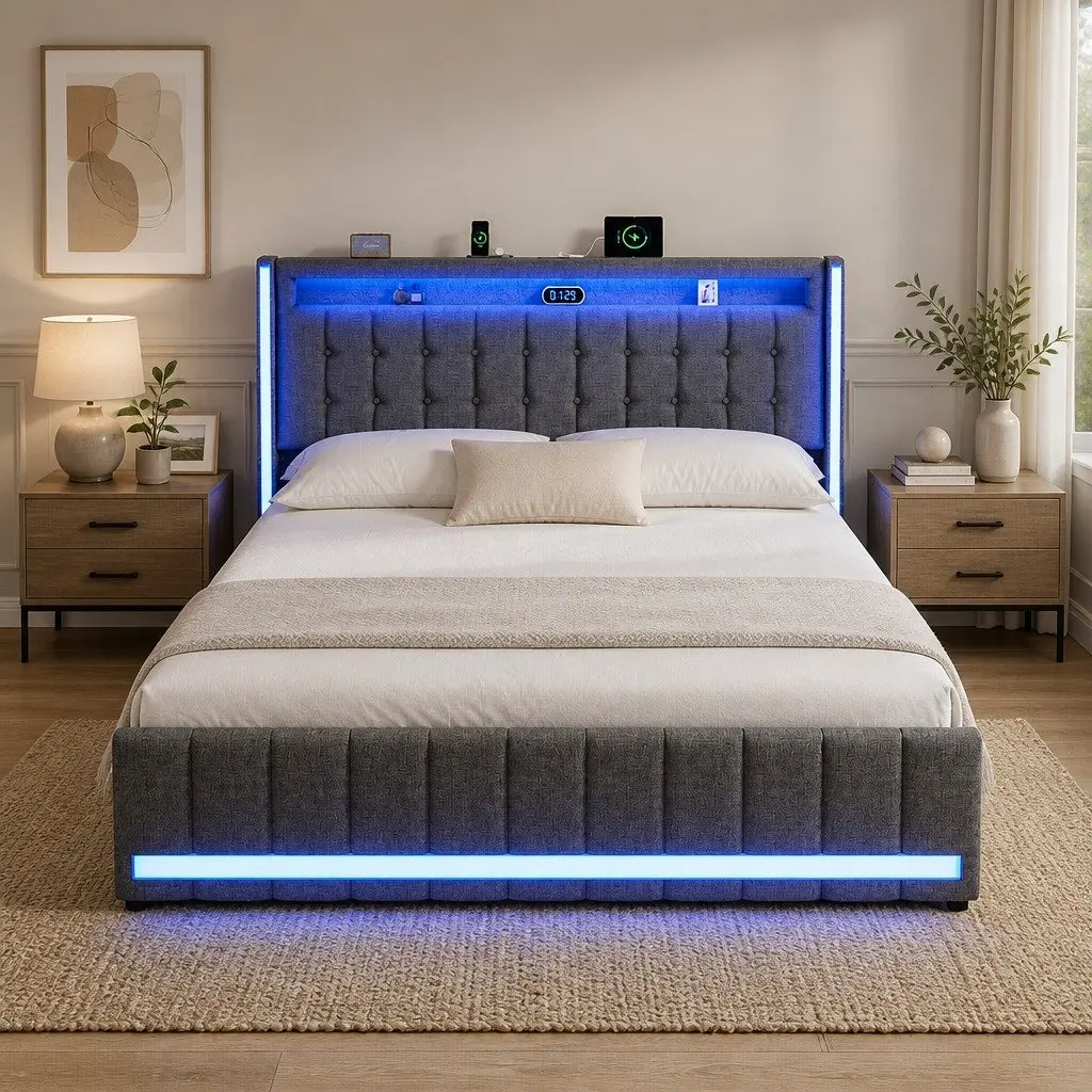 Queen Bed Frame with Storage Drawers for Bedroom Gray