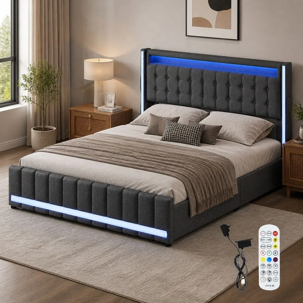 Queen Bed Frame with Storage Drawers for Bedroom Gray