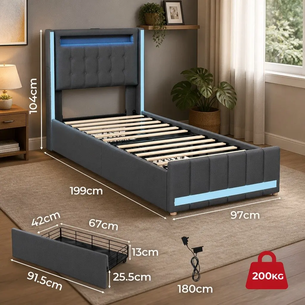Single Bed Frame with Storage Drawers