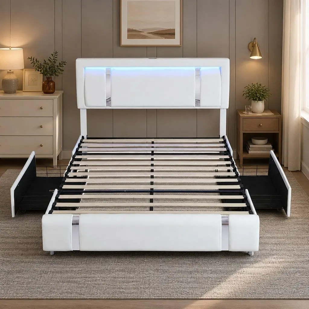 Double Bed Frame Adjustable Headboard USB Charging LED Light Storage Drawers